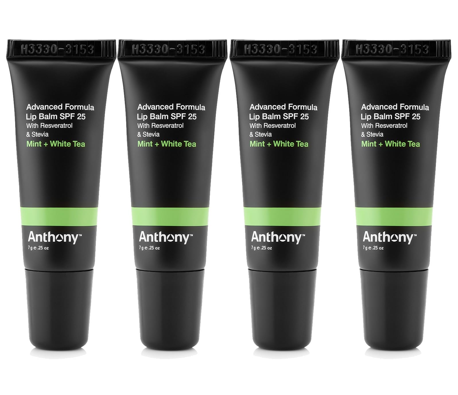 Anthony 25 SPF lip balm 4-pack front view with matte tubes.