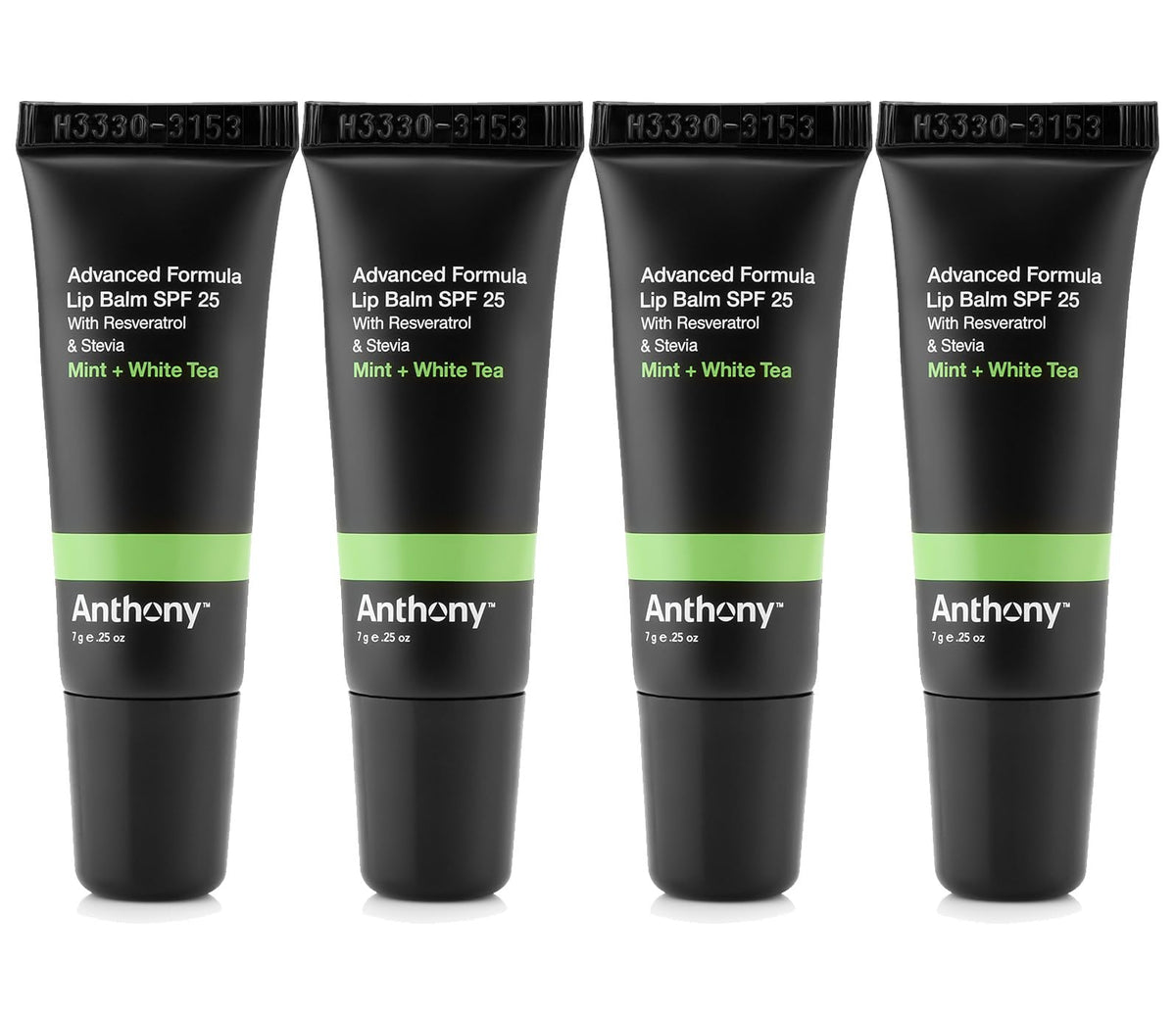 Anthony 25 SPF lip balm 4-pack front view with matte tubes.