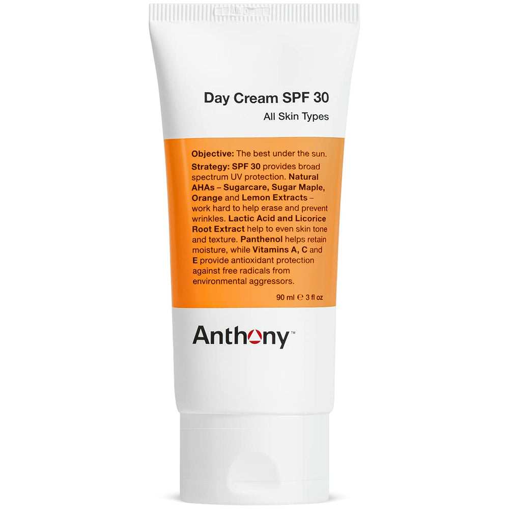 Anthony Day Cream SPF 30 bottle close-up highlighting sunscreen protection and premium packaging.