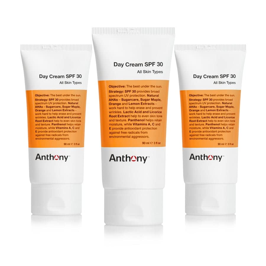 Anthony Day Cream SPF 30 bottle front shows hydrating, protective formula for daily wear