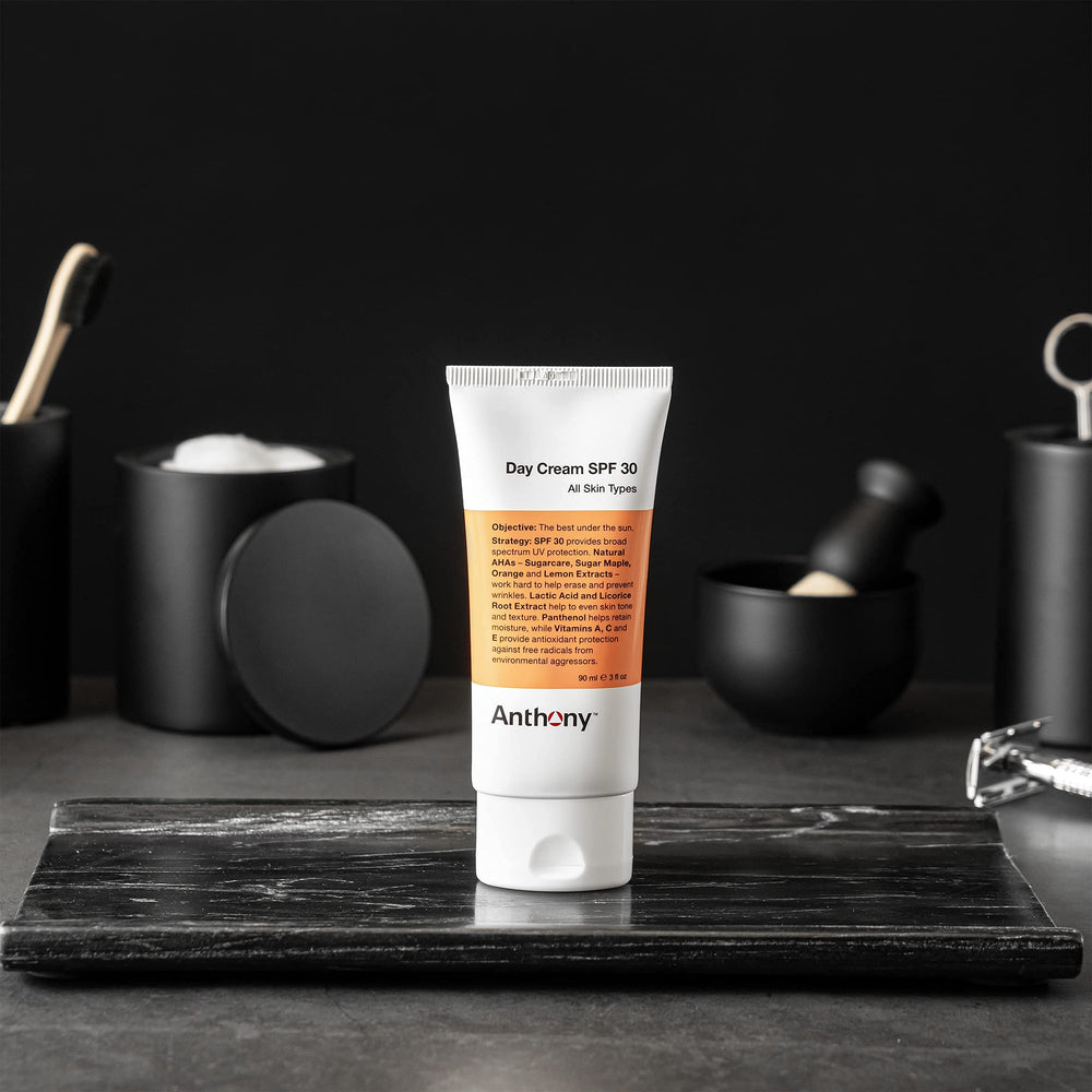 Anthony Day Cream SPF 30 label close-up communicates broad protection and non-greasy finish.