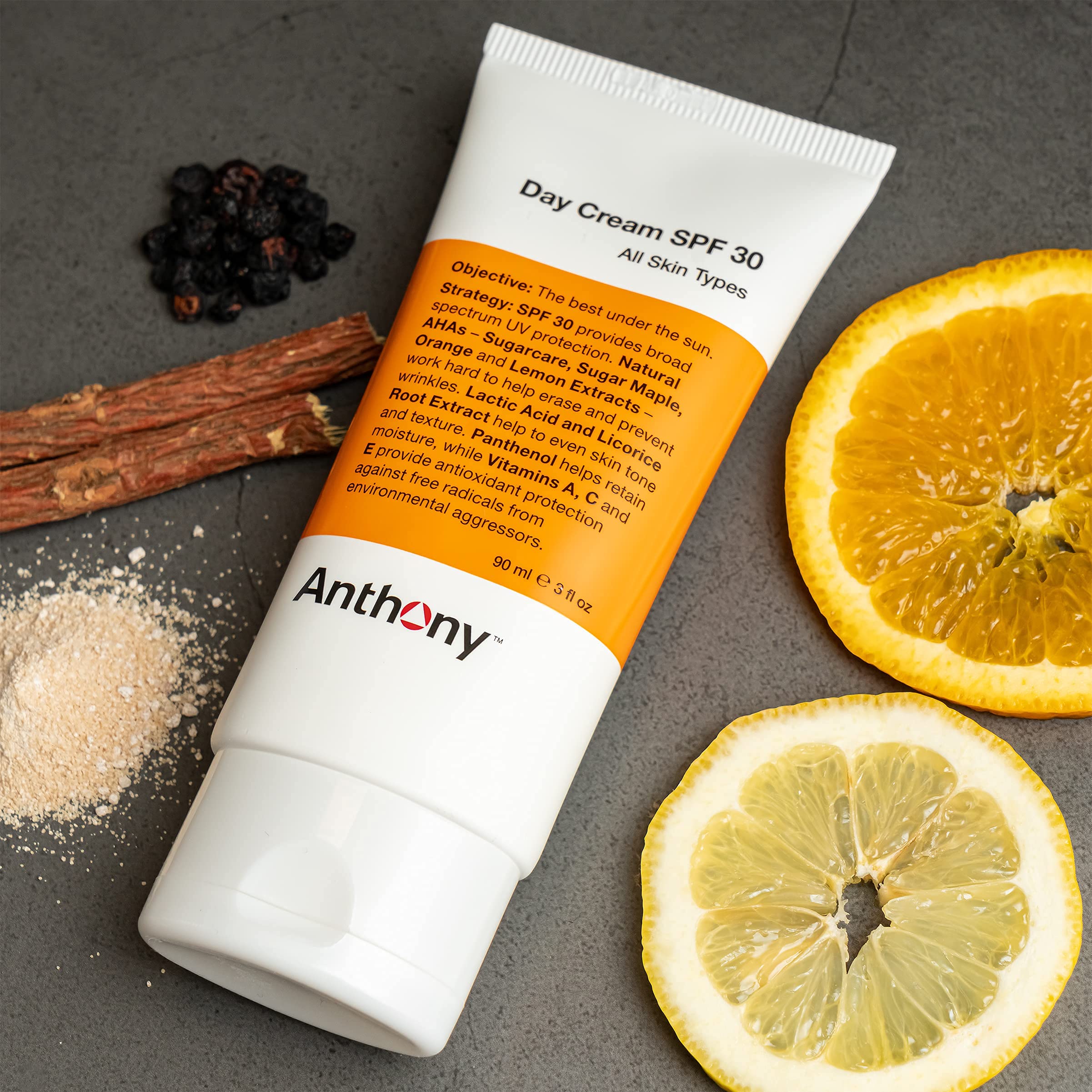 Anthony Day Cream SPF 30 pump dispenser demonstrates easy, travel-friendly application.