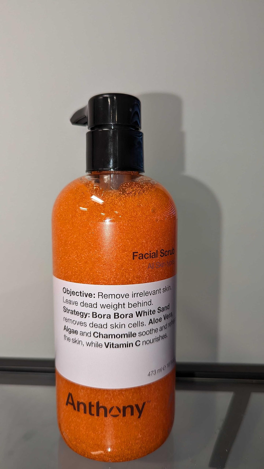 Anthony Facial Scrub back label explains safe-use guidance.