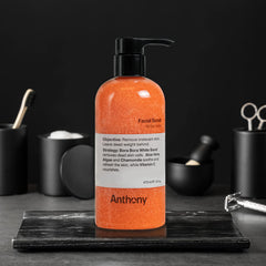 Anthony Facial Scrub beads closeup shows sand exfoliation for smoother skin.