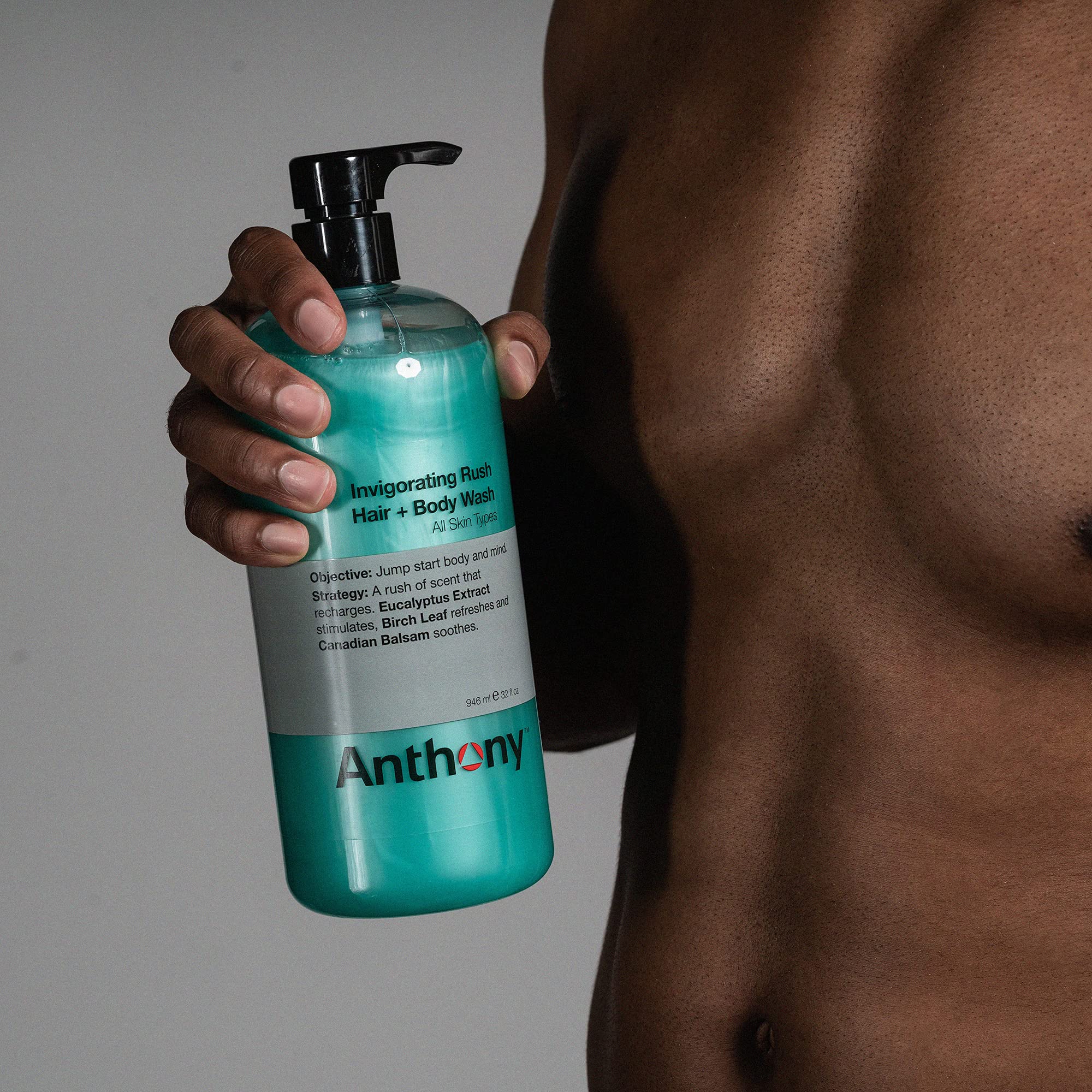 Anthony Invigorating Rush foamy lather delivers rich cleansing for hair and skin.