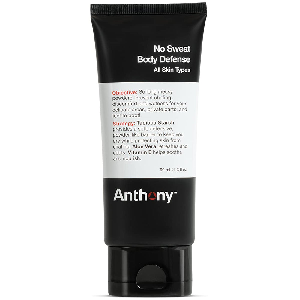 Anthony No Sweat deodorant bottle shows cream-to-powder formula for all-day dryness.