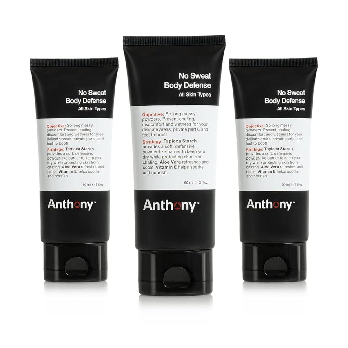 Anthony No Sweat deodorant bottle demonstrates talc-free moisture management for daily wear.