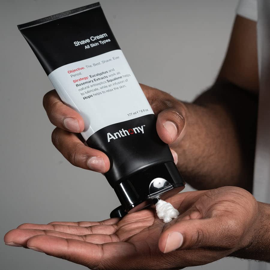 Anthony Shaving Cream with eucalyptus and rosemary for gentle pore care.