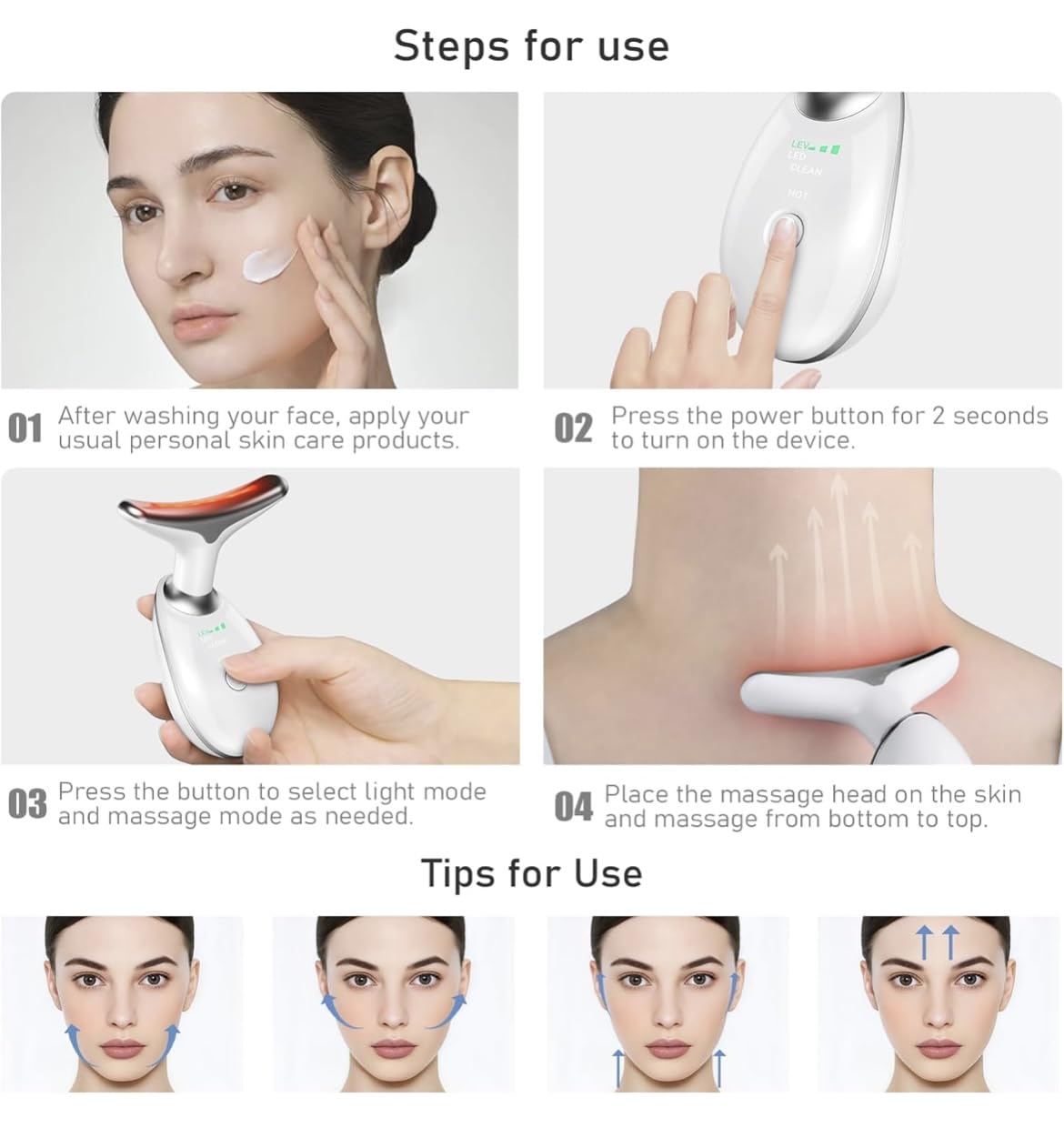 Anti Aging Tightening Facial Massager showing EMS and heat modes for soothing sessions.