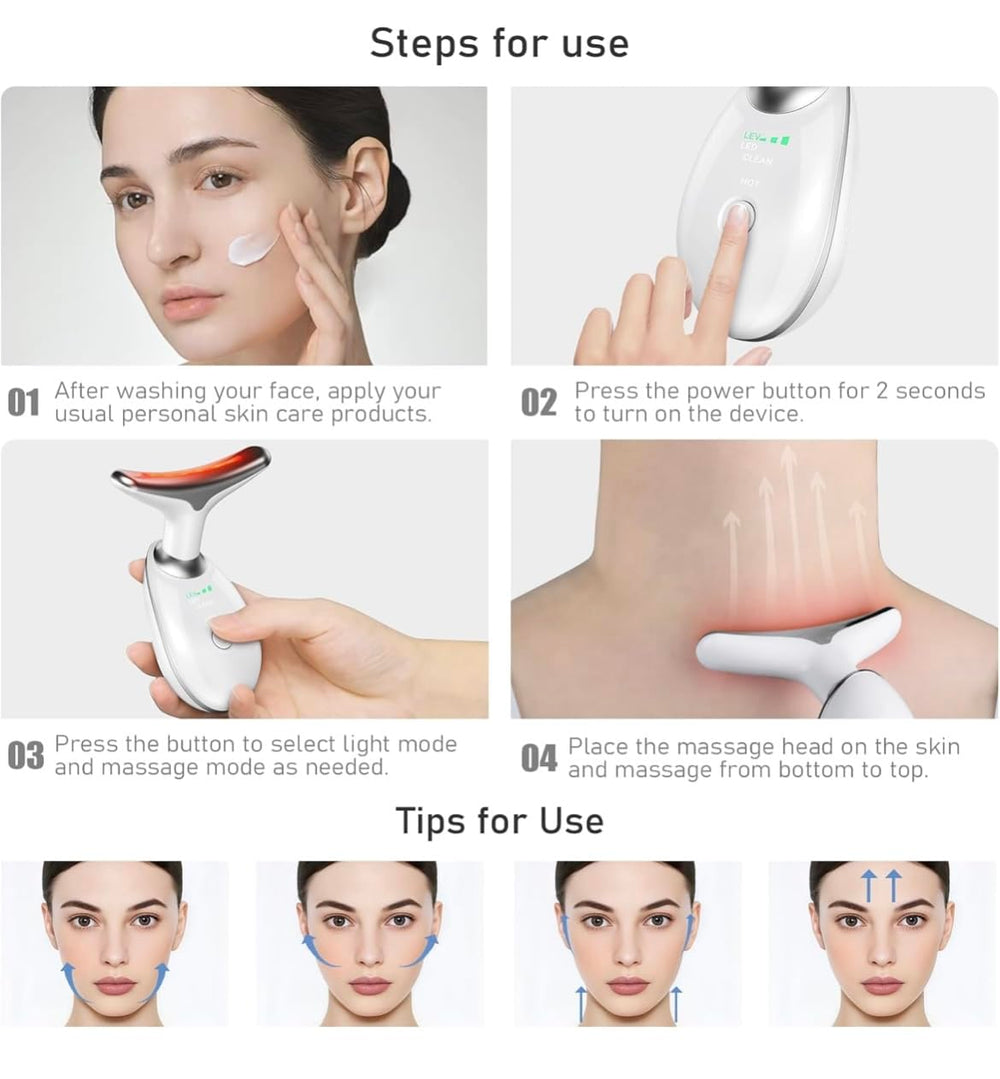 Anti Aging Tightening Facial Massager showing EMS and heat modes for soothing sessions.
