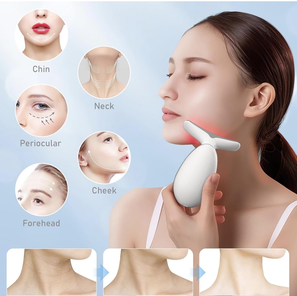 Anti Aging Tightening Facial Massager demonstrating neck contouring use for neck toning.
