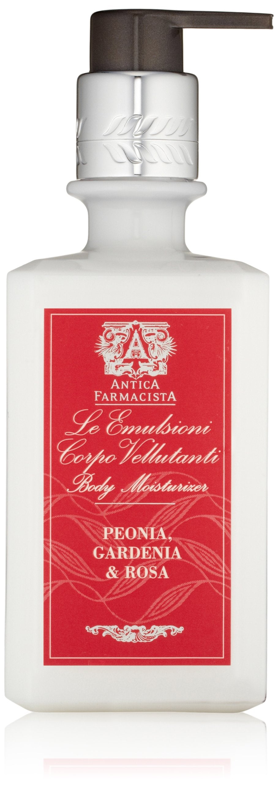 Antica Farmacista Body Moisturizer bottle with gardenia and peony scent for daily hydration.