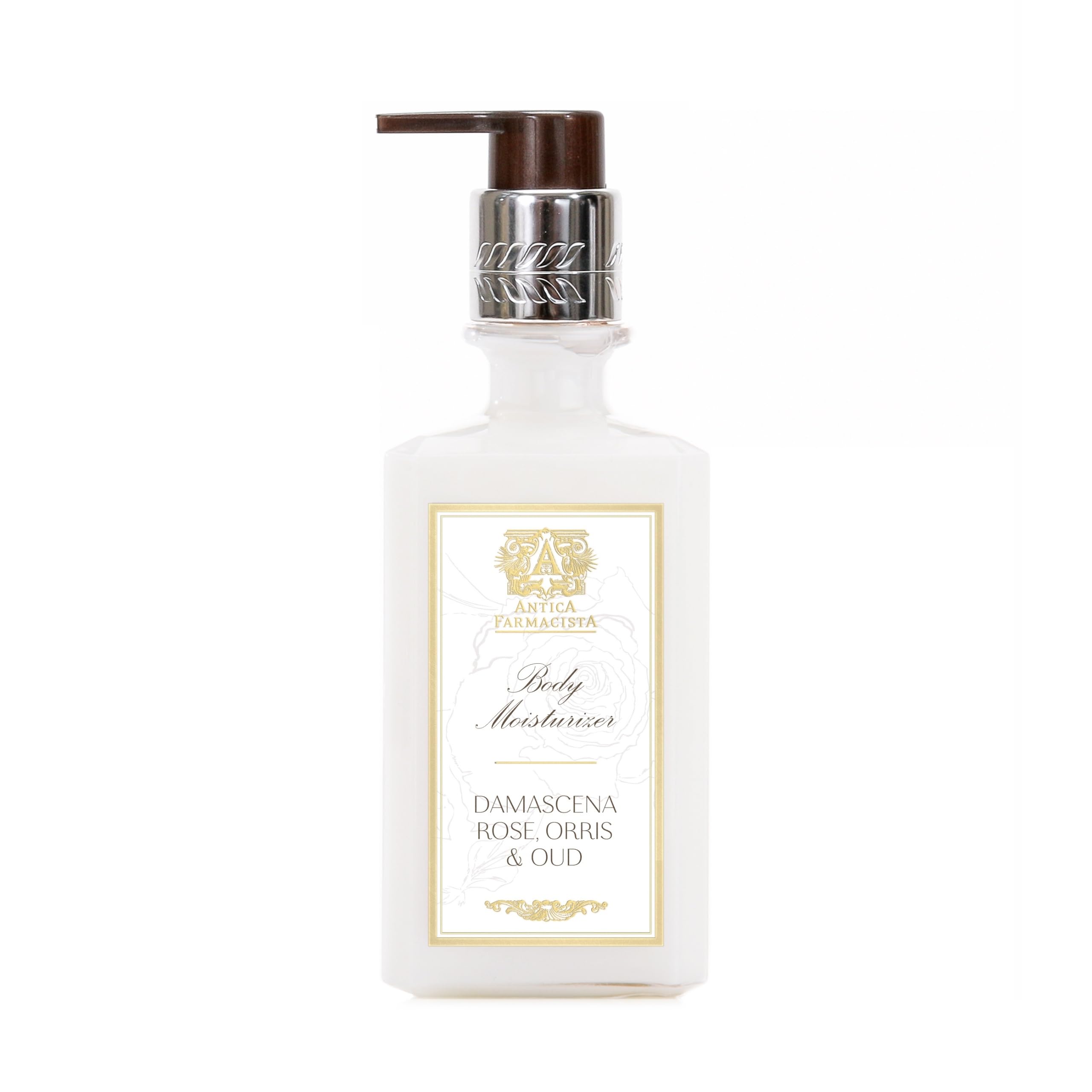 Antica Farmacista Body Moisturizer Damascena Rose bottle showcases luxury hydration and a delicate scent.