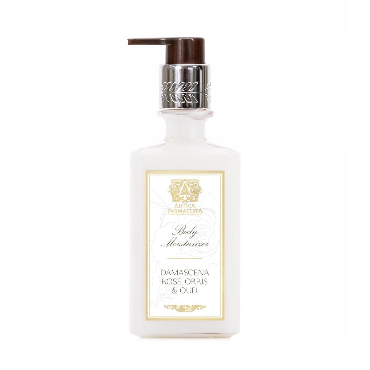 Antica Farmacista Body Moisturizer Damascena Rose bottle showcases luxury hydration and a delicate scent.