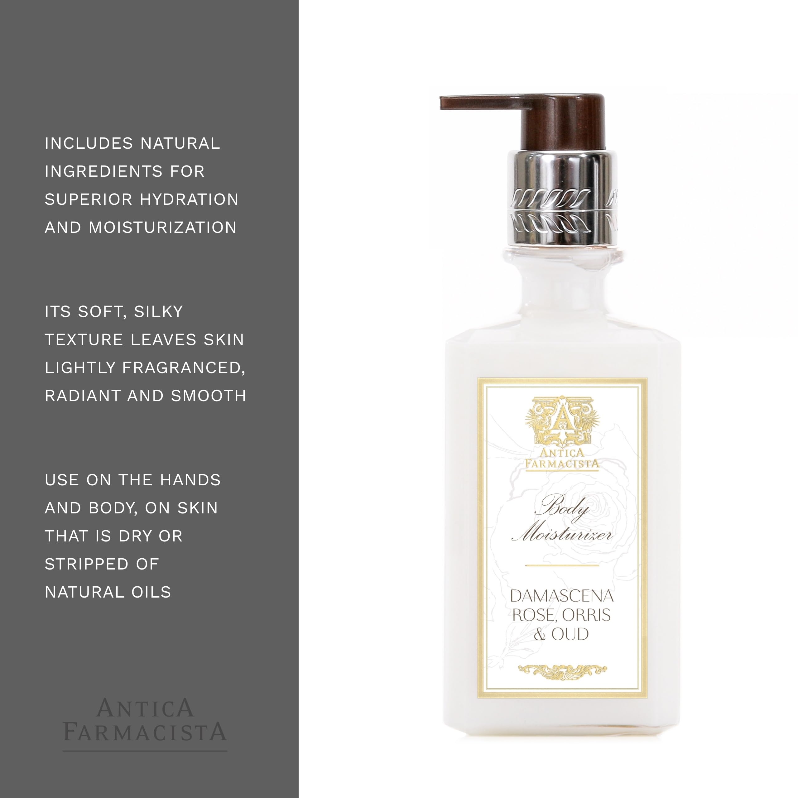 Antica Farmacista Body Moisturizer fragrance notes Damascena Rose and Oud for captivating aroma.