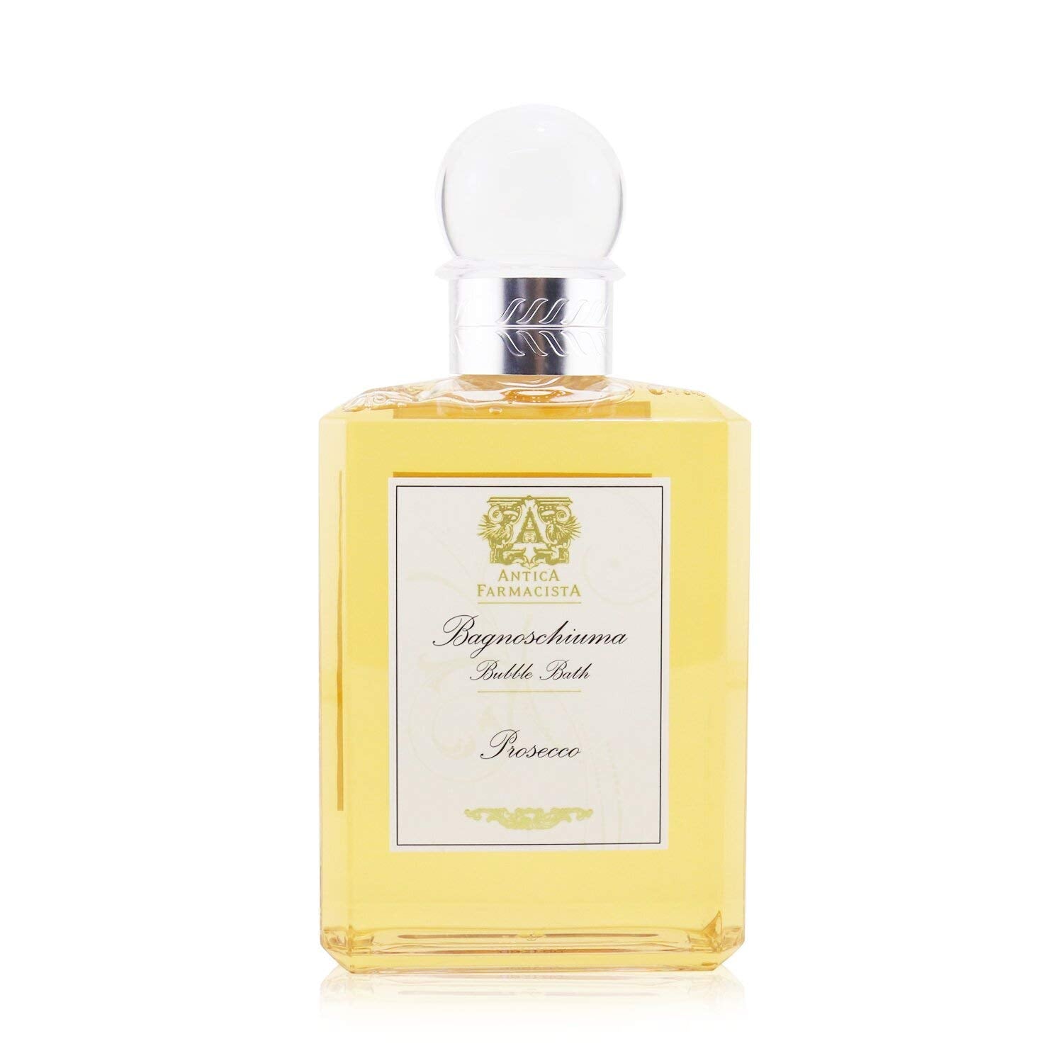 Antica Farmacista Bubble Bath Prosecco bottle showing citrus and florals for a bright bath