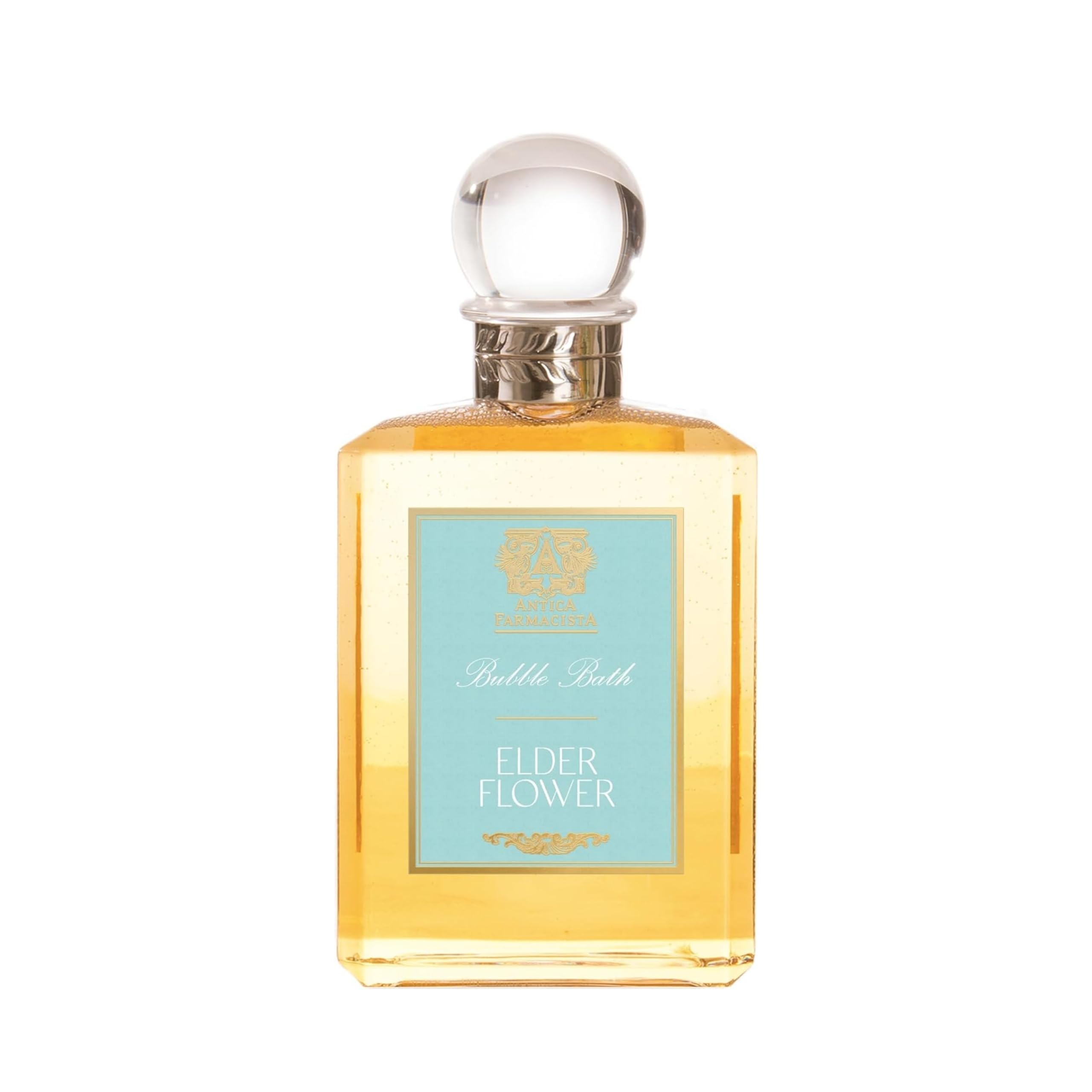 Antica Farmacista bubble bath bottle on display with relaxing elderflower foam.