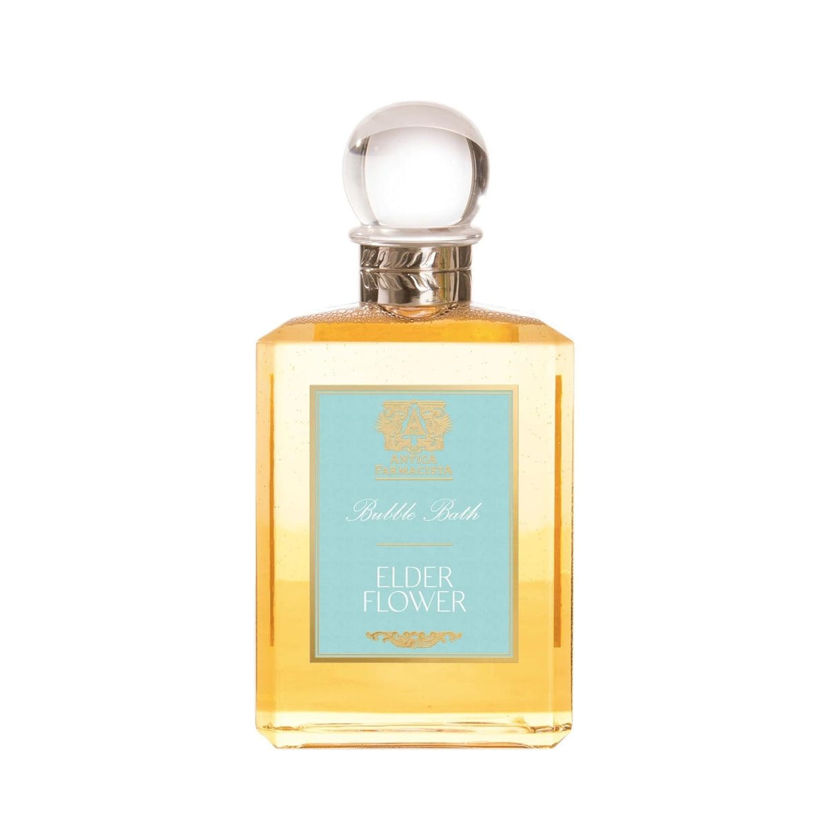 Antica Farmacista bubble bath bottle on display with relaxing elderflower foam.
