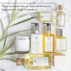 Antica Farmacista herbal blend aroma on label emphasizing spa-worthy scent.
