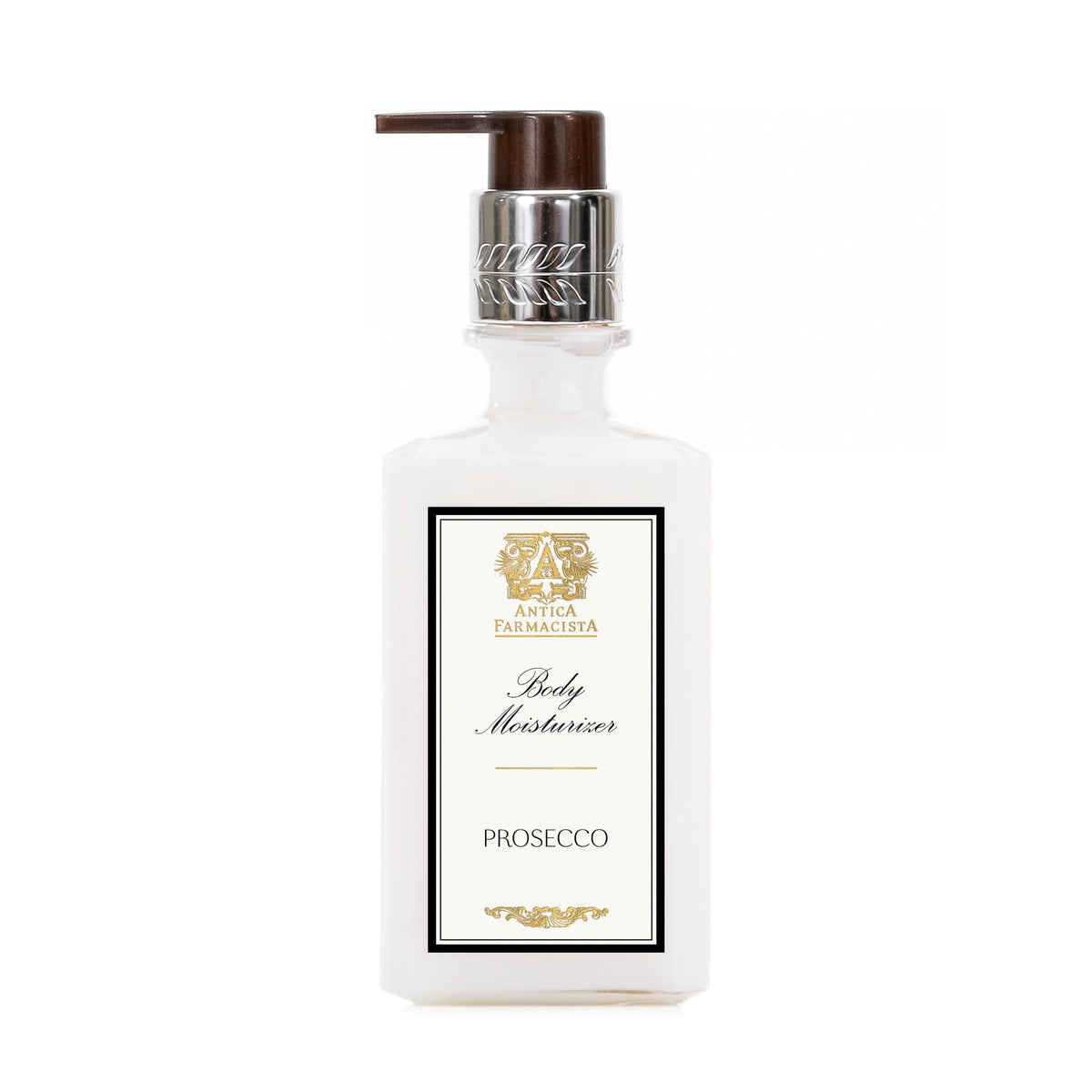 Antica Farmacista Prosecco-lotion: bouteille élégante et hydratation durable.
