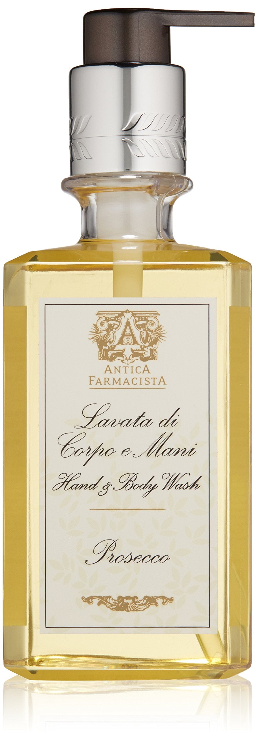 Antica Farmacista Prosecco hand wash bottle pour for a luxurious cleanse.
