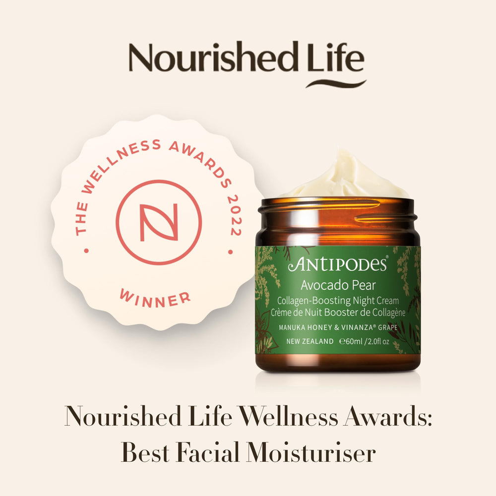 Antipodes night cream highlight avocado oil and Vinanza Grape for moisture.