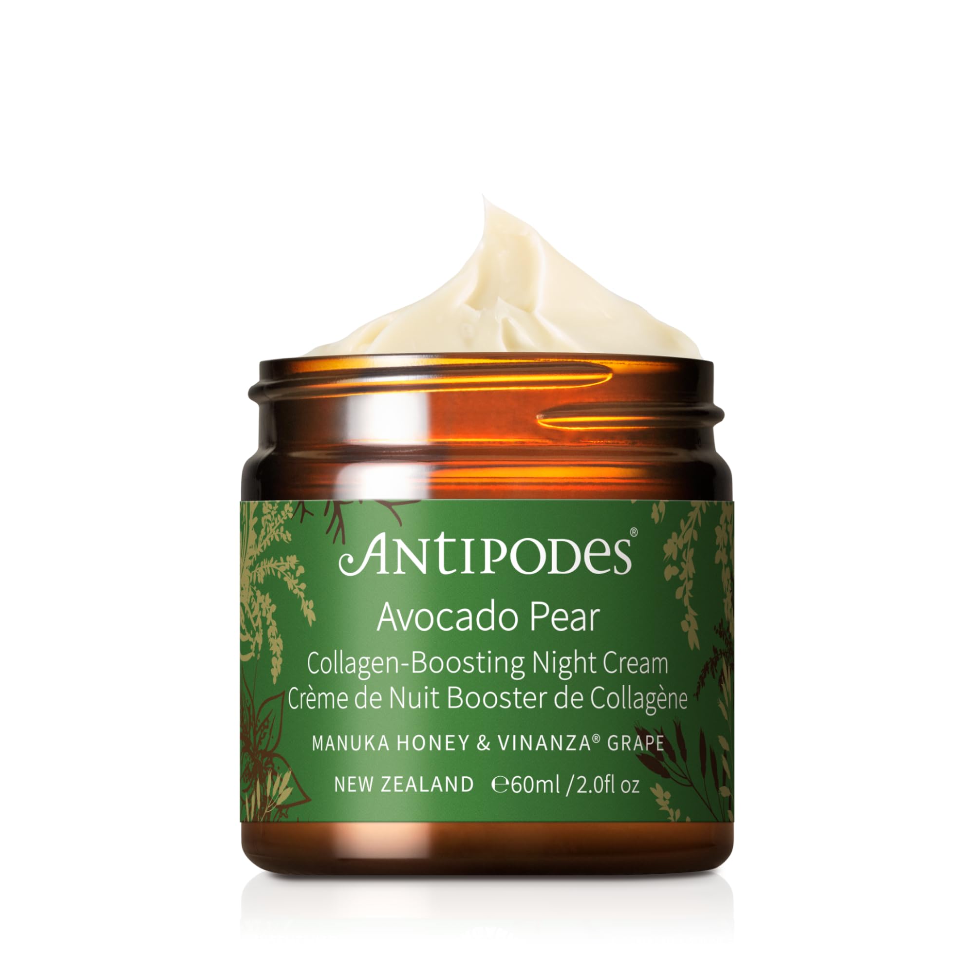 Antipodes Avocado Pear Night Cream jar close-up, hydrating formula for mature skin.