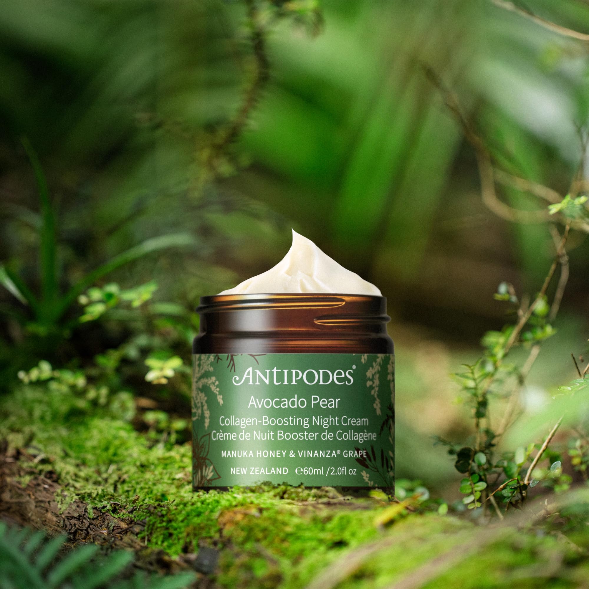 Antipodes Avocado Pear Night Cream packaging with brand logo and premium skincare messaging.