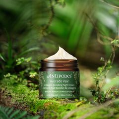 Antipodes Avocado Pear Night Cream packaging with brand logo and premium skincare messaging.