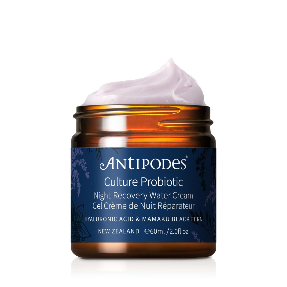Antipodes Culture Probiotic Night Recovery Water Cream jar closeup highlights soothing texture for dry, stressed skin.