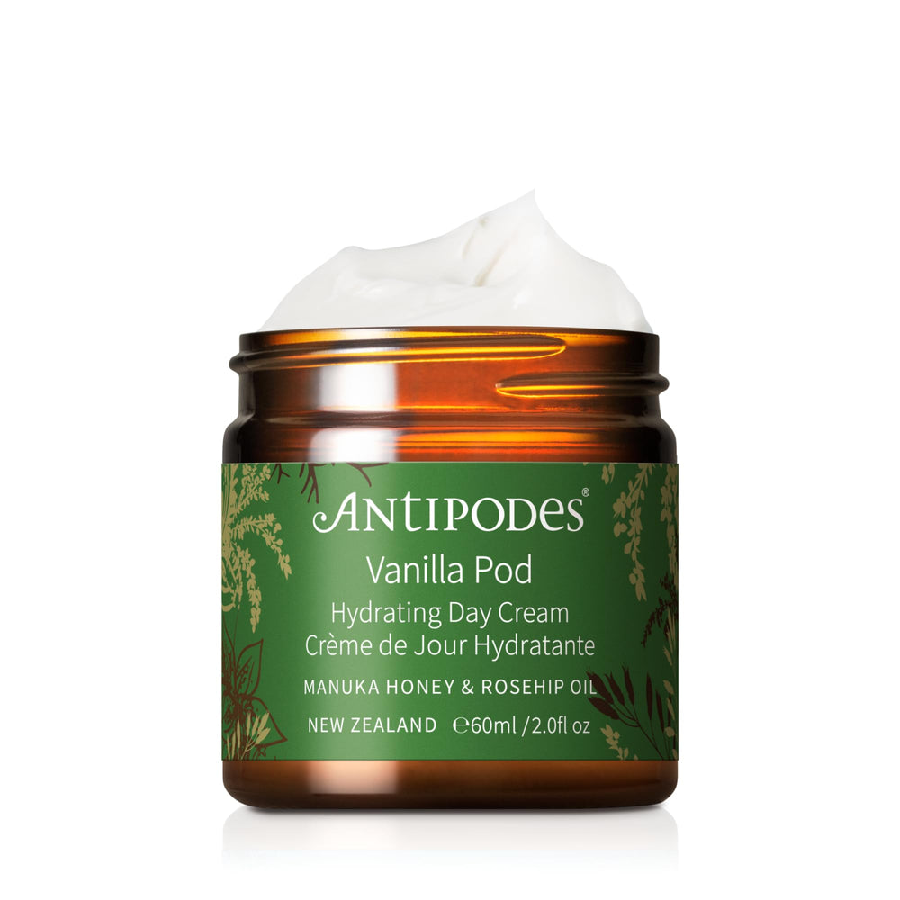 Antipodes Vanilla Pod Day Cream bottle close-up showing hydrating daily moisturizer