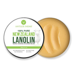 Antler Farms lanolin 100g bottle pour demonstrates smooth, fast-absorbing hydration for dry skin.