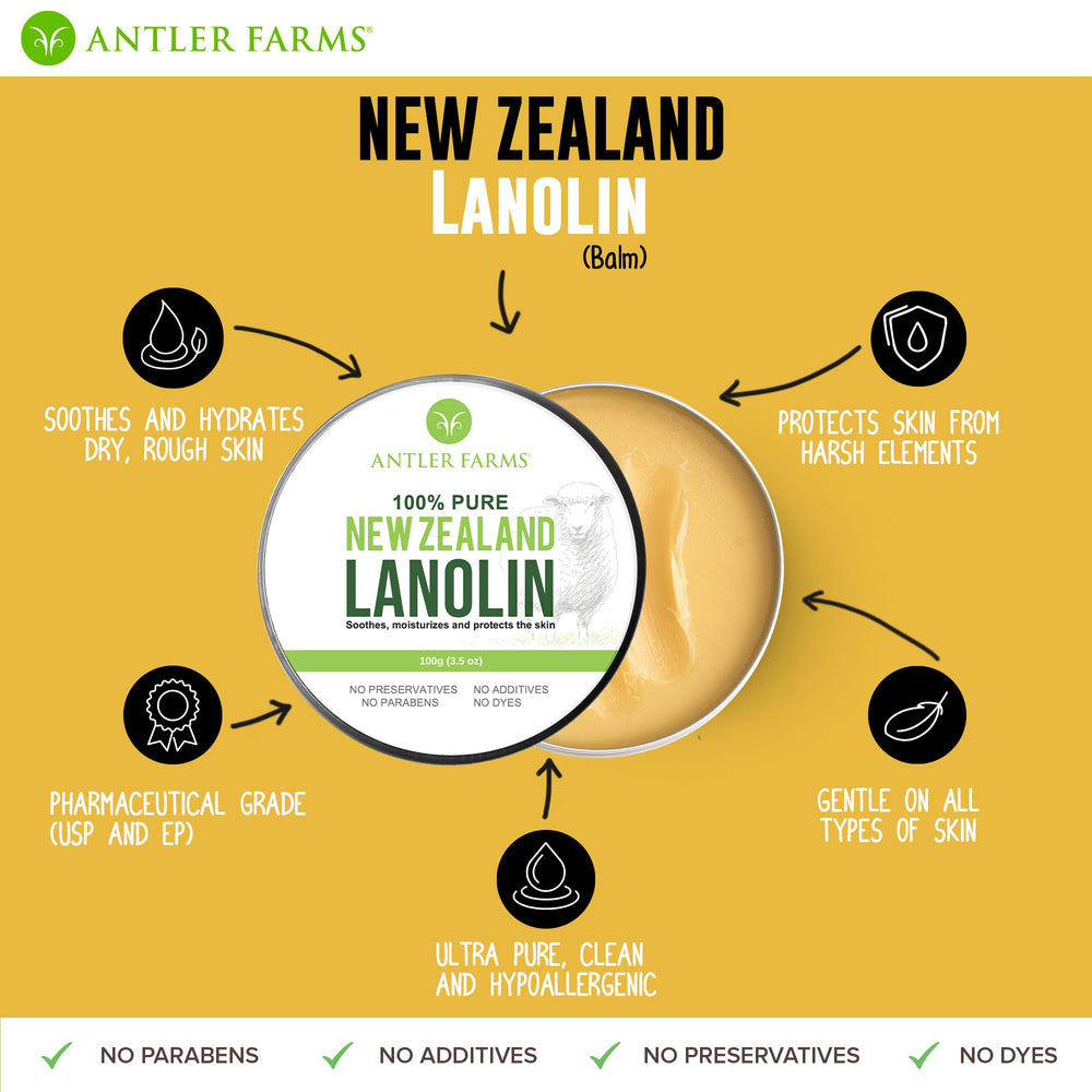Antler Farms lanolin 100g skin protection depicts a breathable barrier against dryness.