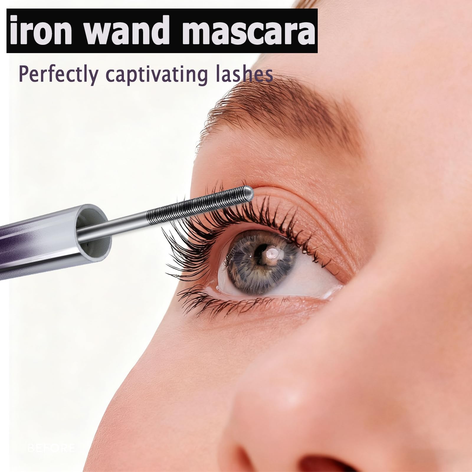 Anweina Iron Wand Mascara before and after lashes with 3D curl.