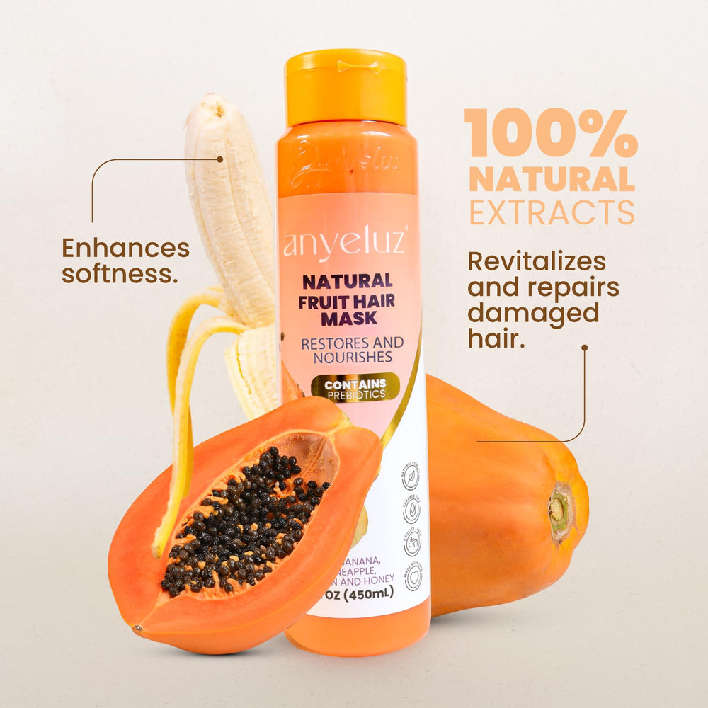 ANYELUZ Hair Mask with Fruit Extracts ready to apply on wet hair for shine and softness.