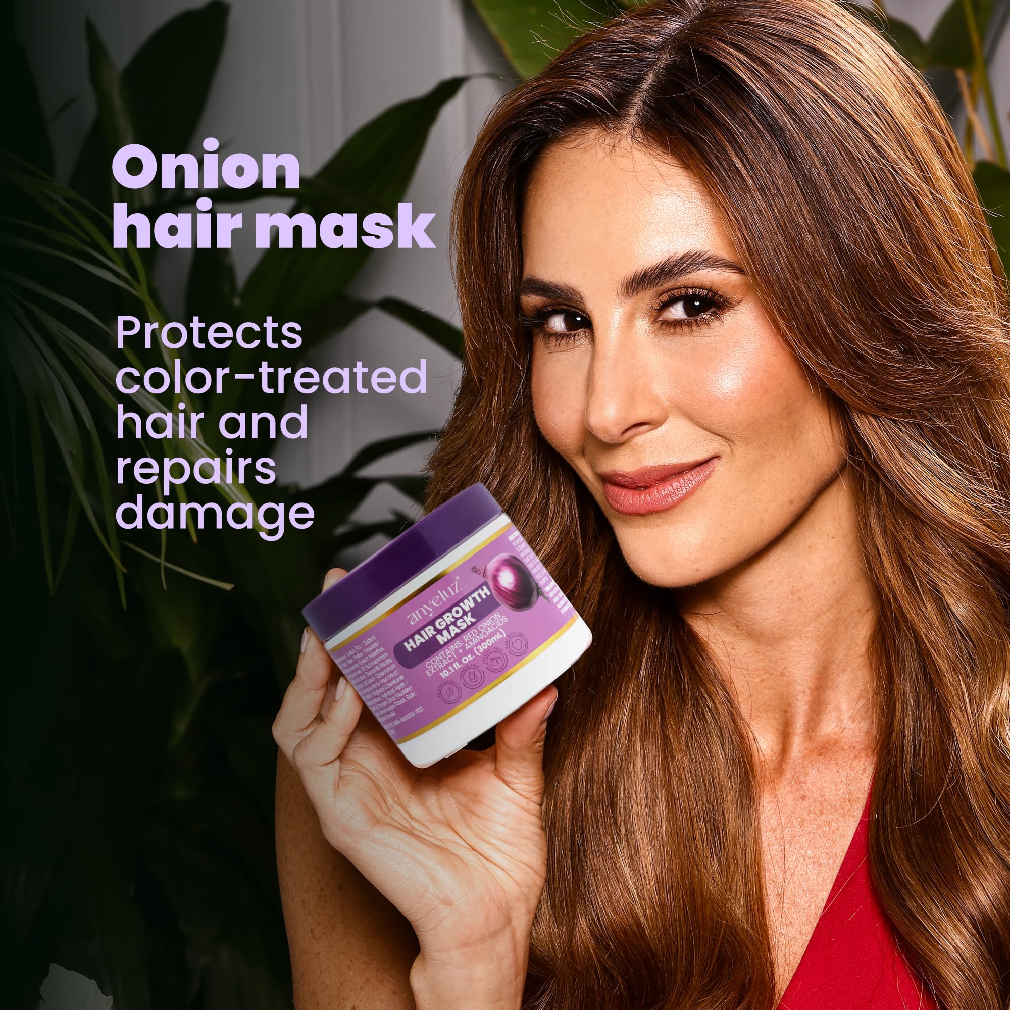 ANYELUZ Onion Hair Mask dispensing pump demonstrates easy, mess-free application.
