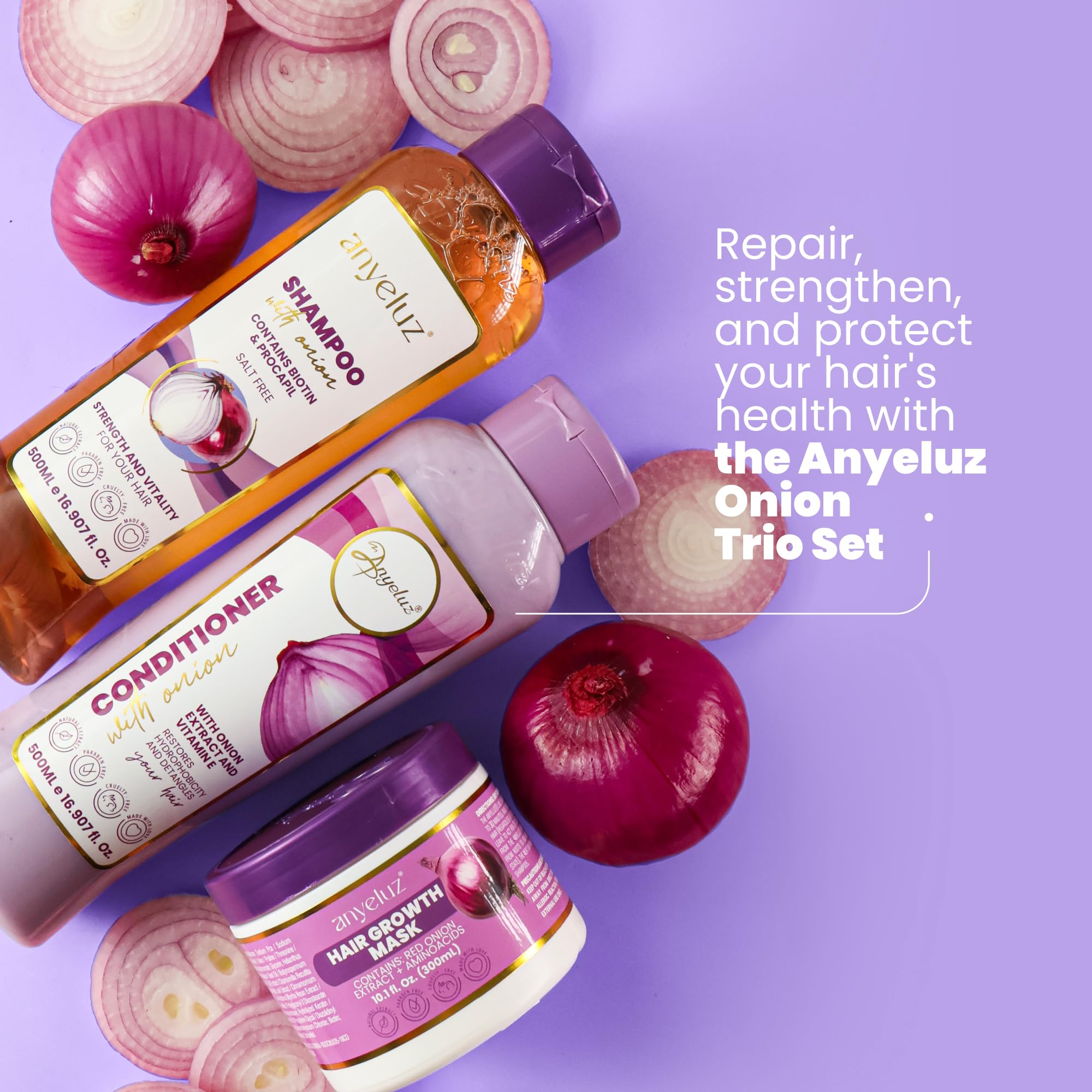ANYELUZ Onion Hair Mask rinse-out showing color-protected shine on treated strands.
