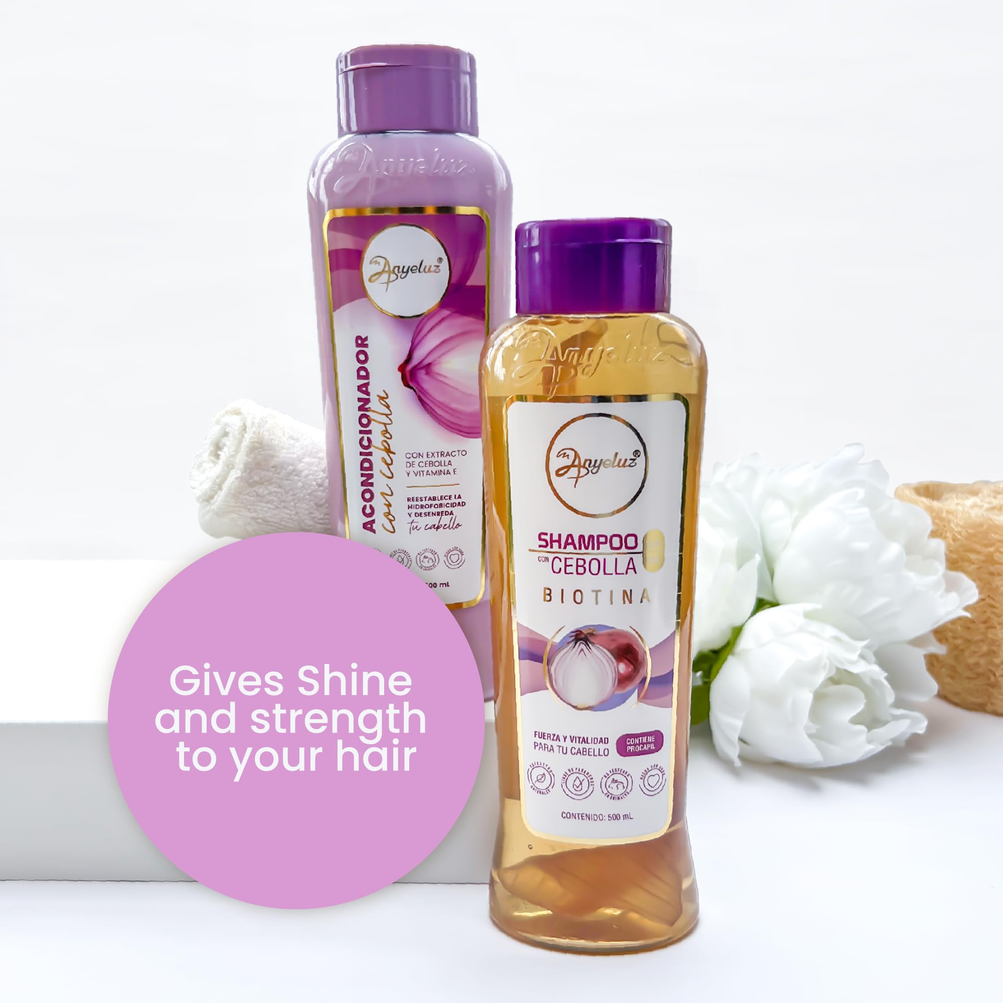 Anyeluz Onion Shampoo and Conditioner set display for routine pairing