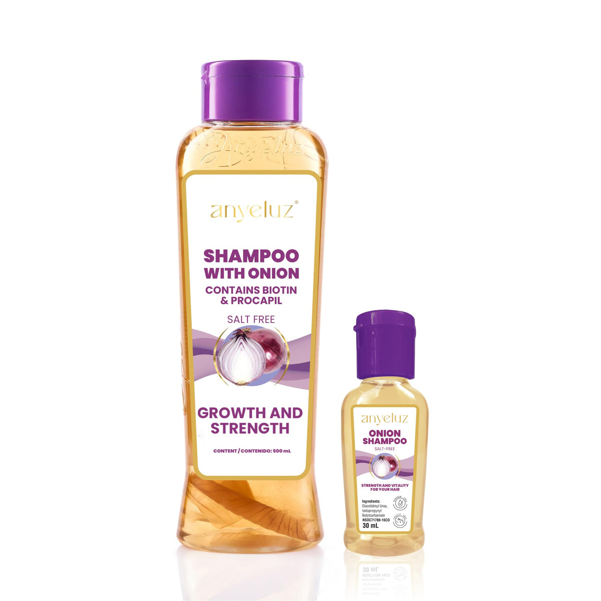 ANYELUZ Onion Shampoo Duo bottle front, signaling easy daily cleansing