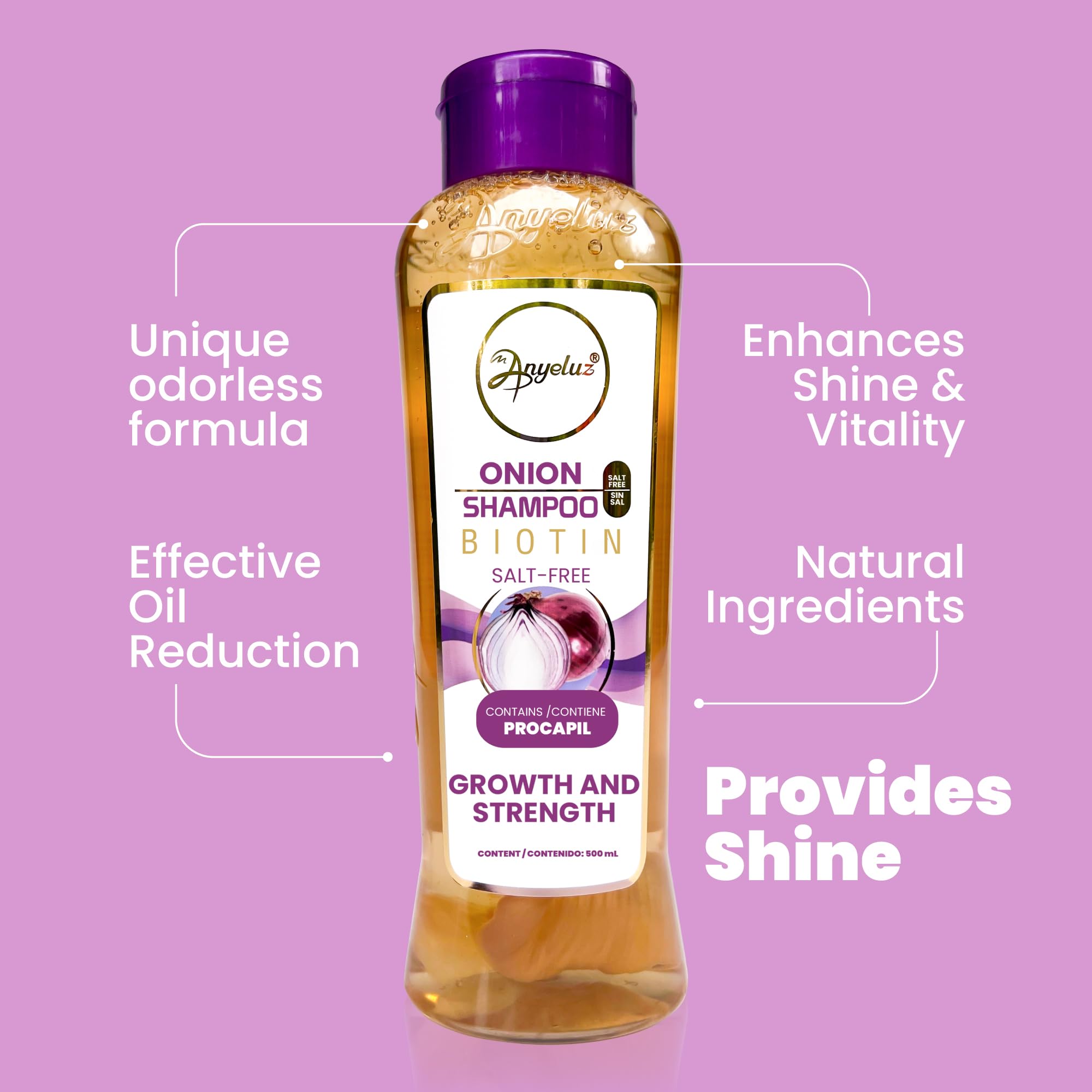ANYELUZ Onion Shampoo natural extracts closeup emphasizes nourishing botanicals you can feel
