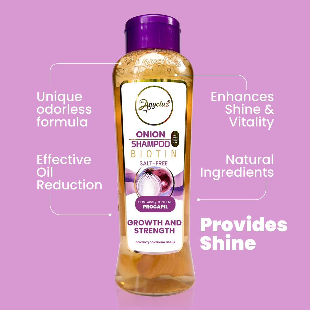 ANYELUZ Onion Shampoo natural extracts closeup emphasizes nourishing botanicals you can feel