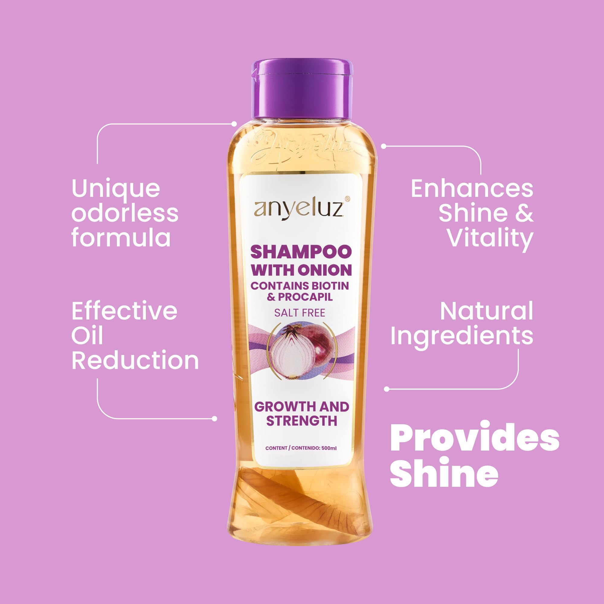 ANYELUZ Onion Shampoo sulfate-free label emphasizes daily-use gentleness