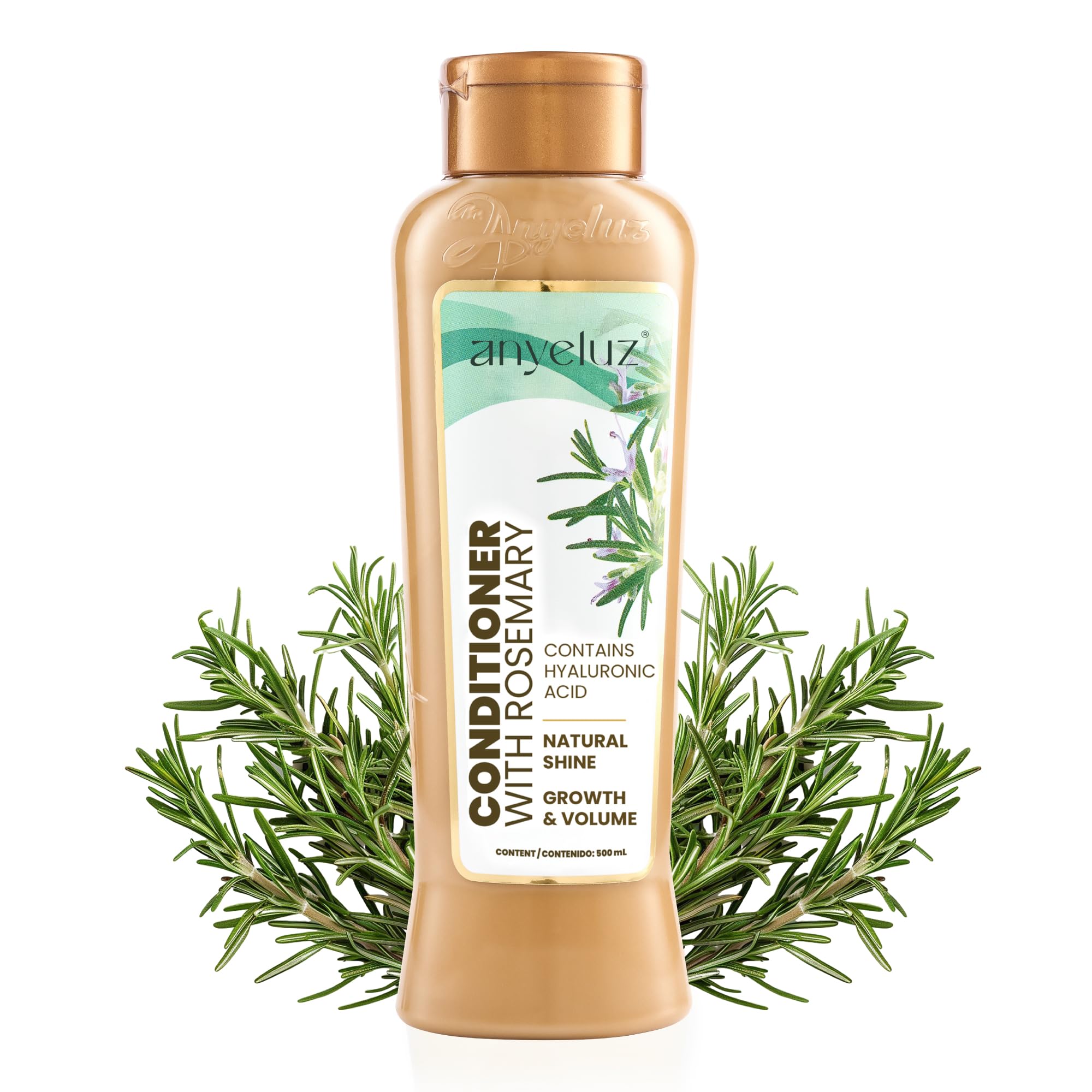 Anyeluz Rosemary Conditioner bottle reveals shiny, nourished hair for smooth styling.