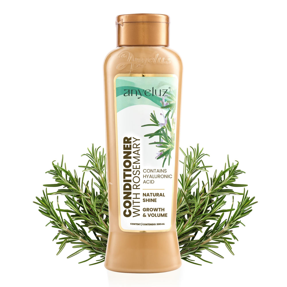 Anyeluz Rosemary Conditioner bottle reveals shiny, nourished hair for smooth styling.