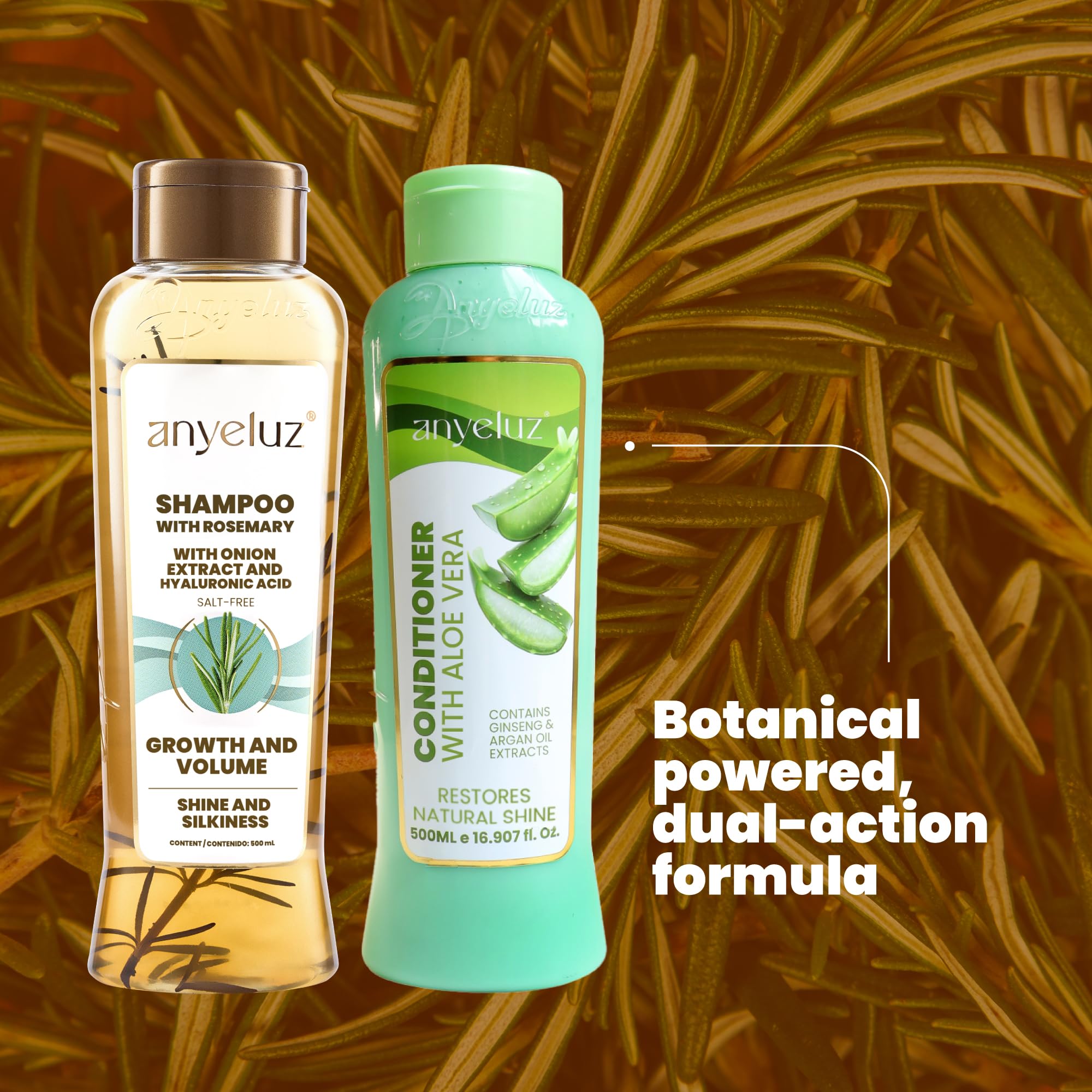 ANYELUZ Rosemary Leaves Closeup highlights natural extract for refreshing scalp care.