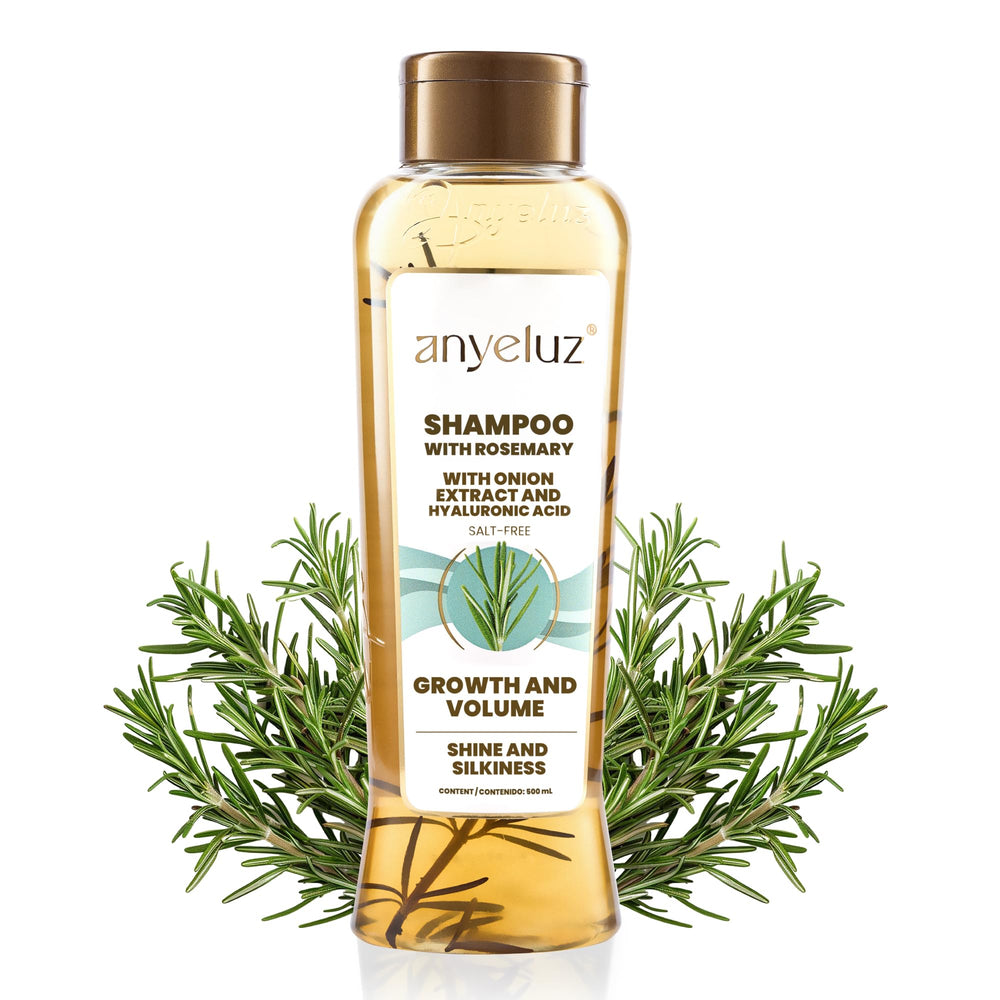ANYELUZ Rosemary Shampoo bottle shows a natural daily care formula for stronger hair
