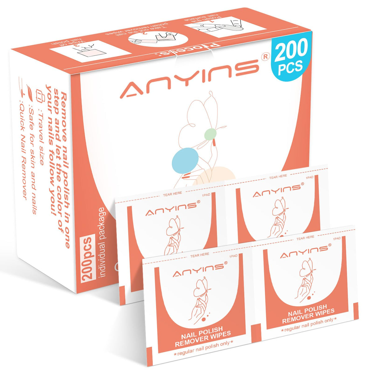 ANYINS nail polish remover pads in individually wrapped packaging for mess-free travel