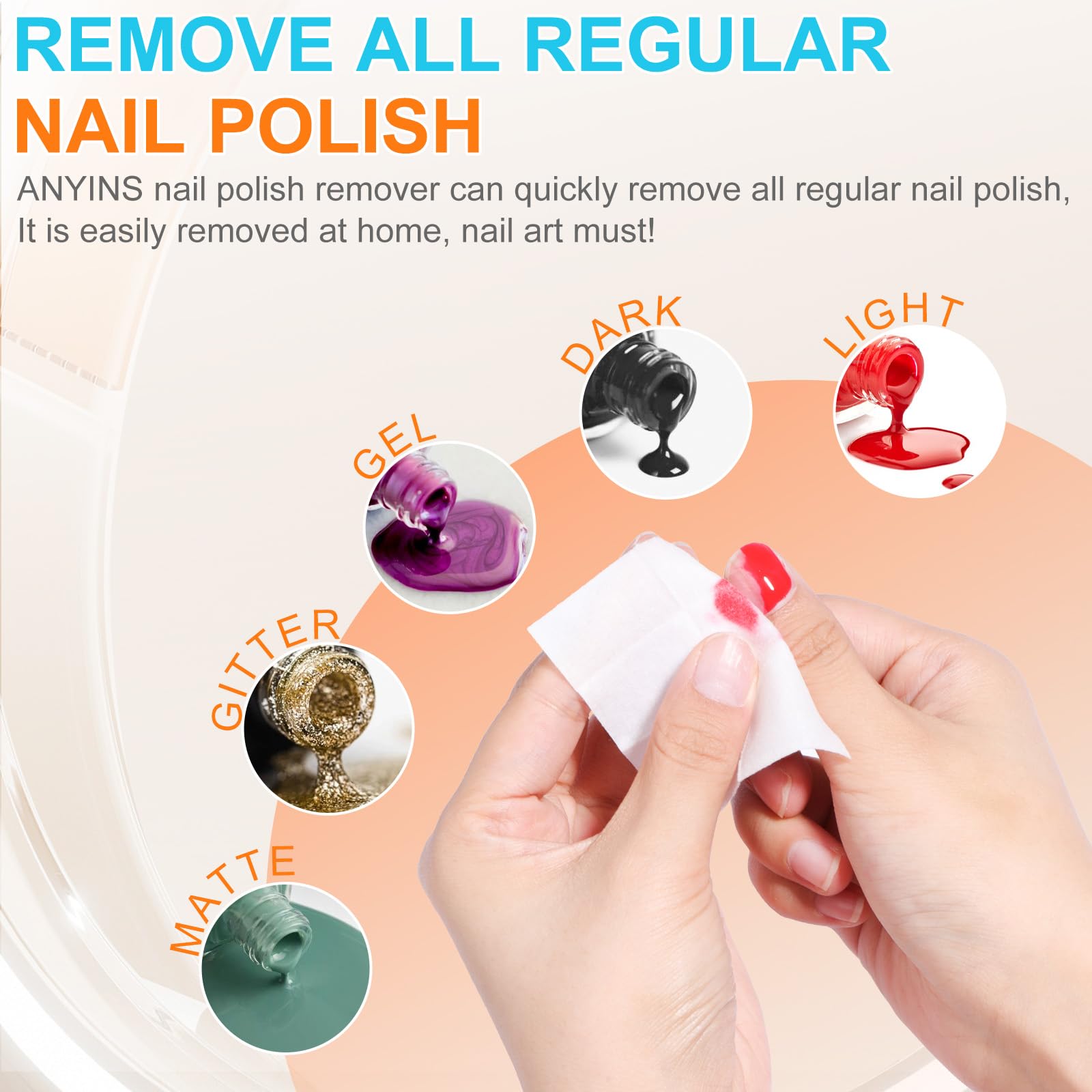 ANYINS pads removing gel, acrylic, and regular polish with wrapping option