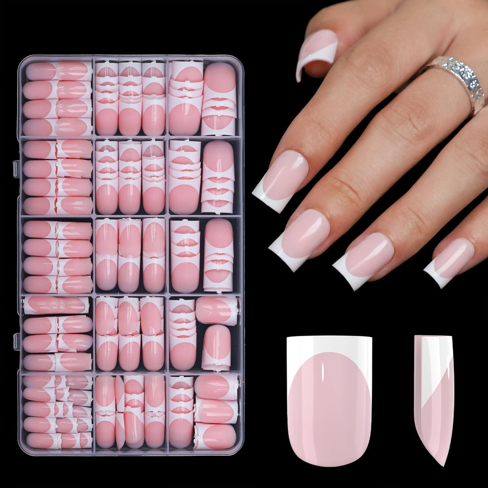 Anyos 300pcs sharp square French tip nails in pink for easy salon-style manicure
