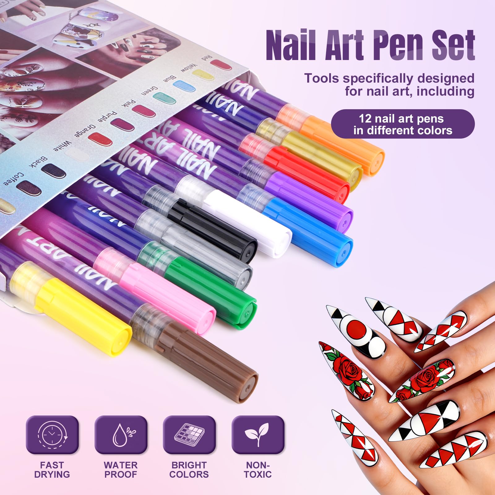 Anytin 12-color nail art pens set 0.5mm tip for crisp, precise lines